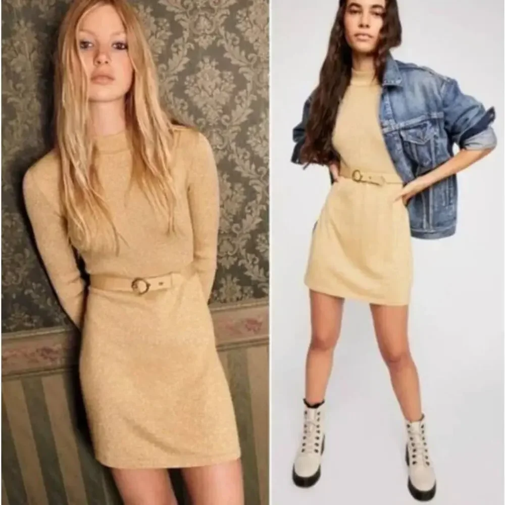 Free People French Girl Gold Metallic Mini Sweater Dress - L